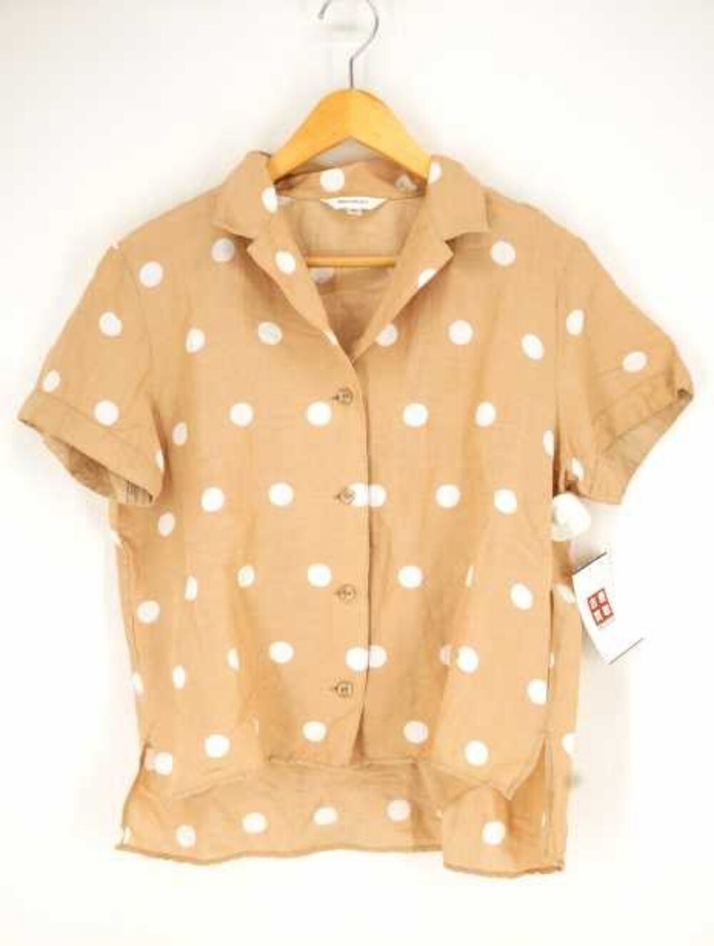 MOUSSY Half Sleeve Linen Dot Shirt Free Size Beige White Polka Dot Button Up